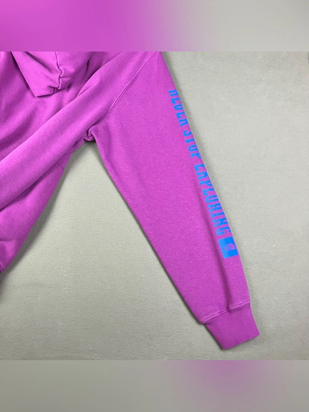The North Face Men’s Size M Hoodie Sweatshirt Purple Never Stop Exploring Logo.